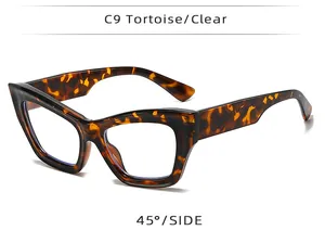 Detail view of stylish tortoise shell cat eye glasses frames in a 45-degree side angle view