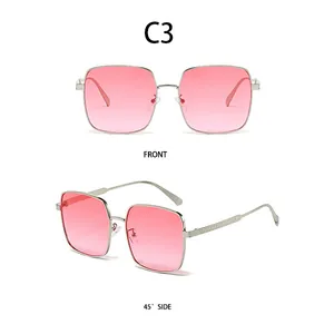 Detail view of pink gradient lenses and silver metal square frame sunglasses in C3 color