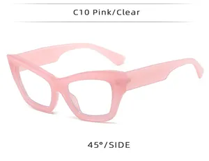 Detailed 45-degree side view of pink cat eye sunglasses with translucent frames