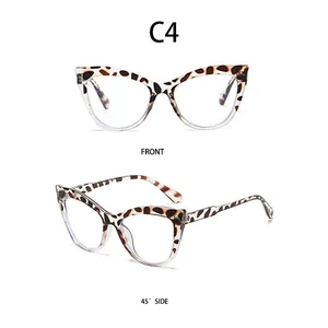 Μπροστινή και πλάγια όψη 45° γυαλιών cat-eye με προστασία μπλε φωτός και λεοπάρ