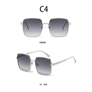 Detailed views of silver metal square sunglasses with grey purple gradient lenses