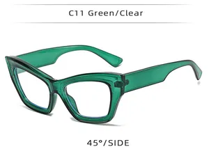 Side view of cat-eye sunglasses in translucent green frame and clear lenses