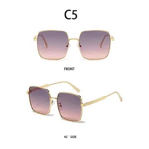 Macro view of C5 color square metal sunglasses with gold frame and gradient purple lenses