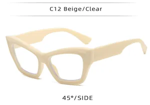 Detail view of stylish beige cat-eye glasses frame C12 at a 45-degree side angle