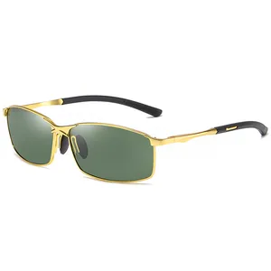 Polarized square frame sunglasses for men with golden metal frame and green lenses