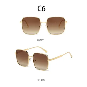 Front and 45-degree side views of large square metal sunglasses with brown gradient lenses