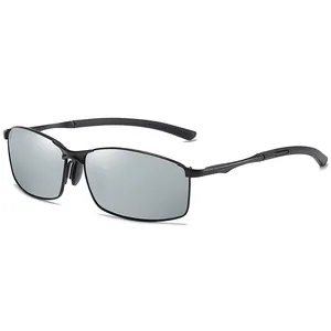 Men's square polarized sunglasses with black metal frame and silver reflective lenses