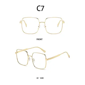 Front and side view of gold metal square frame sunglasses with adjustable nose pads