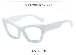 Side view of white cat-eye sunglasses featuring wide temples and anti-blue light clear lenses