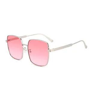 Fashion oversized square sunglasses with silver metal frame and pink gradient lenses