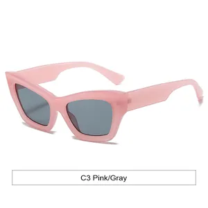 Pink cat-eye sunglasses with gray lenses and wide retro temples for men and women