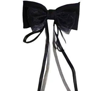 Elegante fermaglio per capelli in rete nera e raso con lunghi nastri per donna