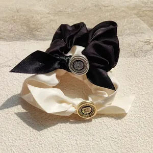Elegant French vintage satin hair scrunchies with rose button and silk bow ribbons