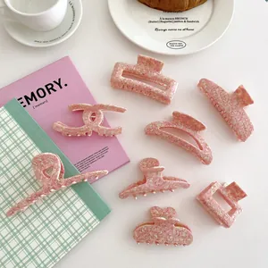 Pink marble texture acetate hair claw clip set for women with cherry blossom style