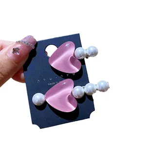 Set di fermagli per capelli con cuore rosa e perle artificiali stile coreano sobrio