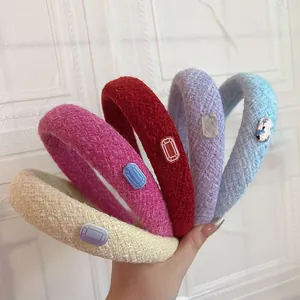 Elegant Vintage Tweed Padded Headband For Women Boucle Hair Hoop With Geometric Resin Gem Retro Hair Accessories Daily