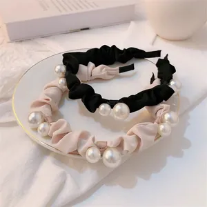 Lot de serre-têtes plissés en satin avec perles élégantes en noir et beige doux