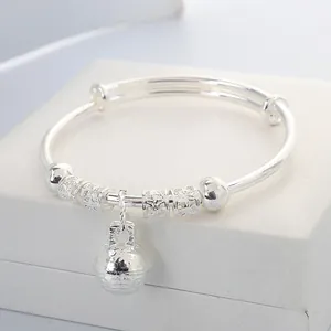 Silver Plated Alloy Adjustable Bangle Bracelet For Baby Kids Toddler With Bell Pendant Hollow Beads Traditional Jewelry Gift