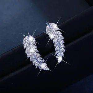 Fashion Alloy Leaf Shape Rhinestone Stud Earrings Shiny Crystal Feather Ear Crawlers For Women Wedding Party Jewelry