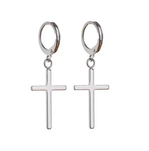 Classic silver cross drop earrings with polished hoop and minimalist metal pendant