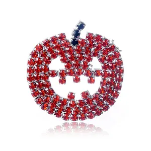Vintage Halloween Pumpkin Jack-O-Lantern Rhinestone Brooch Pin Red Alloy Inlaid Crystal Party Accessory Jewelry For Women