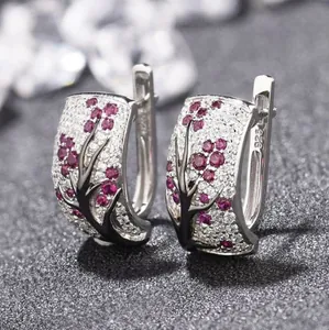 Vintage Alloy Flower Huggie Hoop Earrings With Silver Earring Post Zirconia Rhinestone Branch Plum Blossom Earrings For Women Jewelry Gift