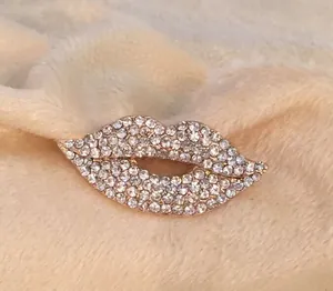 Schicke Lippenbrosche mit weißen Strasssteinen auf goldenem Metall und Plüschhintergrund