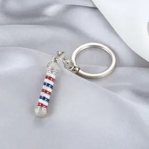 Detalle de llavero poste de barbero con espiral rojo blanco azul y anillo metal