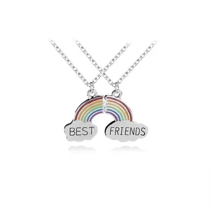 Rainbow Best Friends heart necklace set with colorful enamel clouds and gold finish