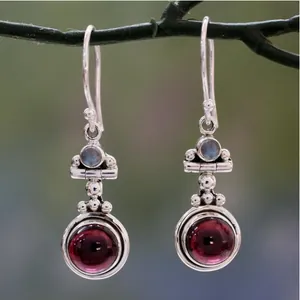 Vintage Bohemian Alloy Round Red Gemstone Drop Earrings For Women Retro Ethnic Hook Earrings Jewelry