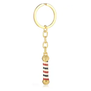 Llavero de Poste de Barbero Creativo de Metal Luz de Barbero Giratoria con Diamantes de Imitación Aleación Esmalte a Rayas Llavero para Peluquería Regalo