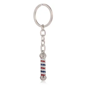 Llavero de poste de barbero clásico con esmalte rojo blanco azul en metal plateado