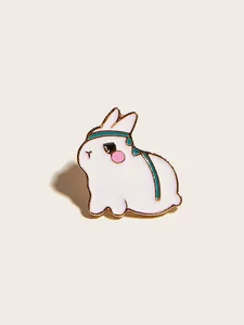 Cute white enamel rabbit brooch with green striped headband and gold-plated edges