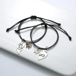 Conjunto de Pulseras de Pareja Gato Corazón Empalmado Moda Coreana Cuerda Trenzada Negra Ajustable Aleación I Love You Cerradura Llave Joyería de Amistad