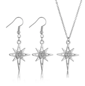 Luxury Alloy Rhinestone Starburst Necklace And Earrings Starry Pendant Jewelry For Women Wedding Formal Banquet Accessories