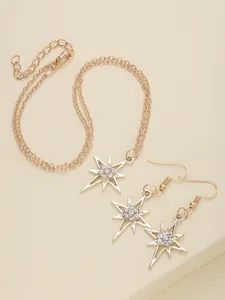 Macro shot of gold starburst jewelry set with sparkling rhinestones and matching earrings