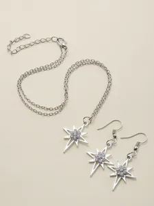 Luxurious silver starburst jewelry set with sparkling rhinestones necklace and earrings