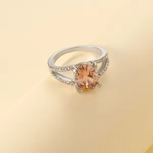 Anillo de Lujo de Aleación Cristal Ovalado Champaña Zirconia Doble Capa Vástago Dividido Joyería de Moda Boda Fiesta para Mujer