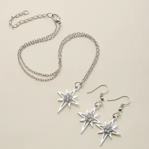 Detail shot of silver starburst necklace and earrings set with white crystal accents