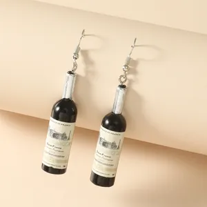 Creative miniature red wine bottle drop earrings with realistic labels and silver neck