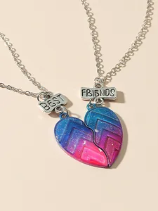 Fashionable BEST FRIENDS heart pendant necklace set with gradient glitter and silver chain