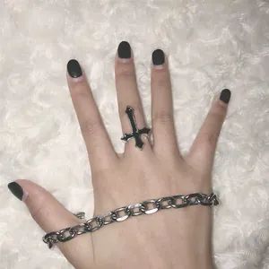Gothic style black cross open ring and silver chunky chain bracelet set for women