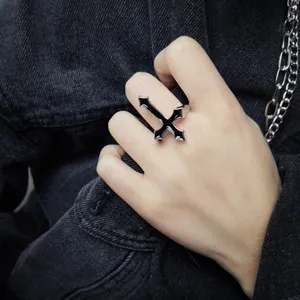 Gothic Punk Inverted Cross Open Ring For Women Vintage Black Enamel Alloy Adjustable Finger Ring Street Style Jewelry Gift