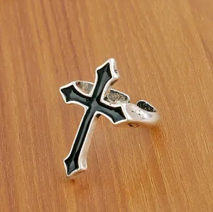 Vintage silver adjustable open ring featuring a black enamel gothic cross design
