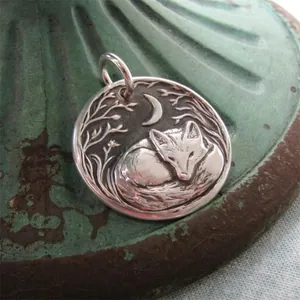Artistic moon and fox silver pendant necklace featuring a vintage woodland design