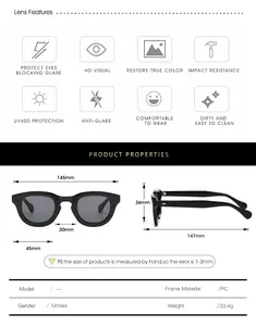 Detailed size specifications of unisex rectangle sunglasses with 145mm frame width