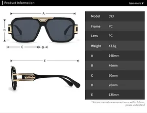 Detailed size chart for square frame fashion sunglasses showing precise dimensions and weight