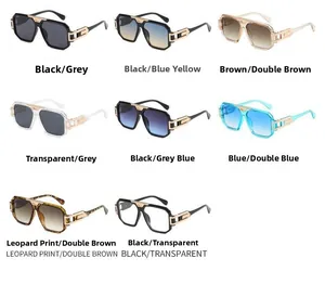 Collage of square retro sunglasses in eight different color frames and gradient lenses