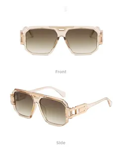 Detailed front and side views of vintage square champagne sunglasses with brown gradient lenses