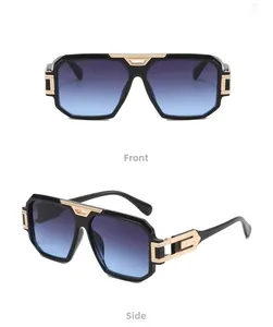 Detail view of square sunglasses showing gradient lenses and gold hinge ornaments
